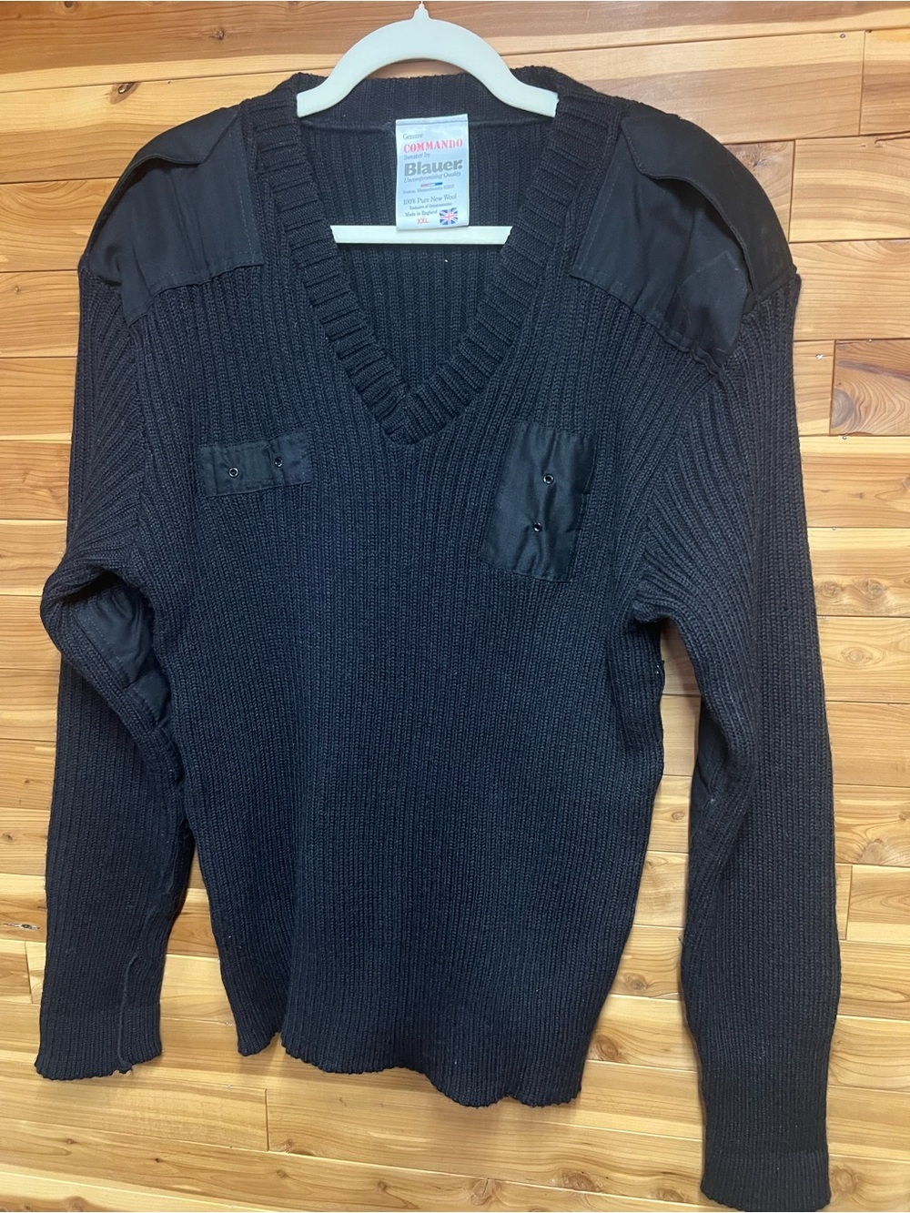 Blauer Black V-Neck Military-Style Knit Sweater with Shoulder Reinforcement